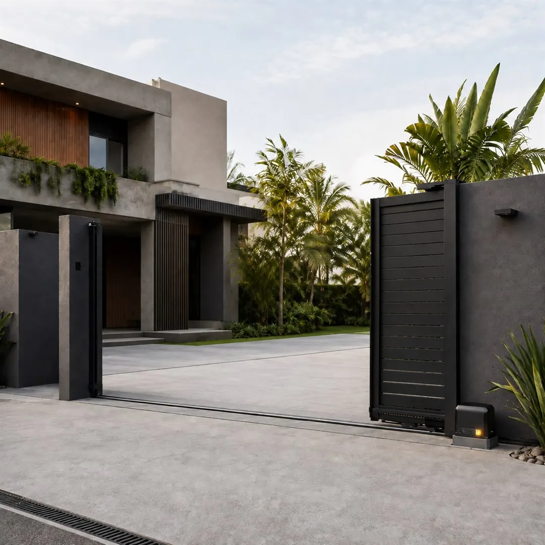 Portão automático aberto em residência contemporânea